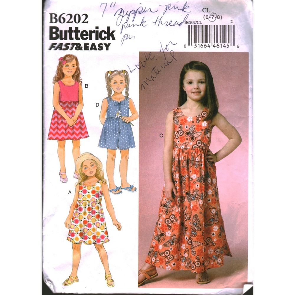 Butterick B6202 Kids Girls‎ Dress Culottes Sewing Pattern Size 6 7 Fast Easy